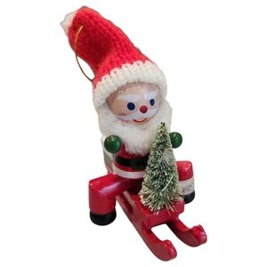 Wooden Christmas Tree Ornament Santa on a Sleigh Holiday Presents Knit Hat Beard